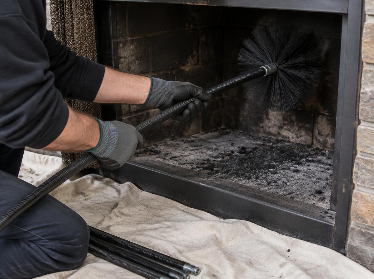 Chimney sweep technician cleaning a fireplace flue in Los Angeles, CA